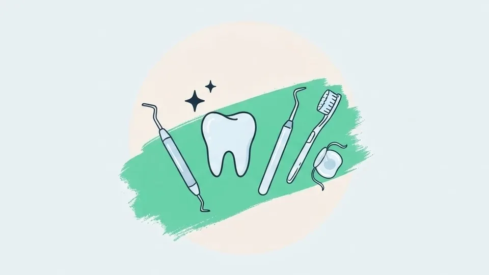 Illustrazione di un dente pulito con spazzolino, filo interdentale e strumenti per l'igiene professionale